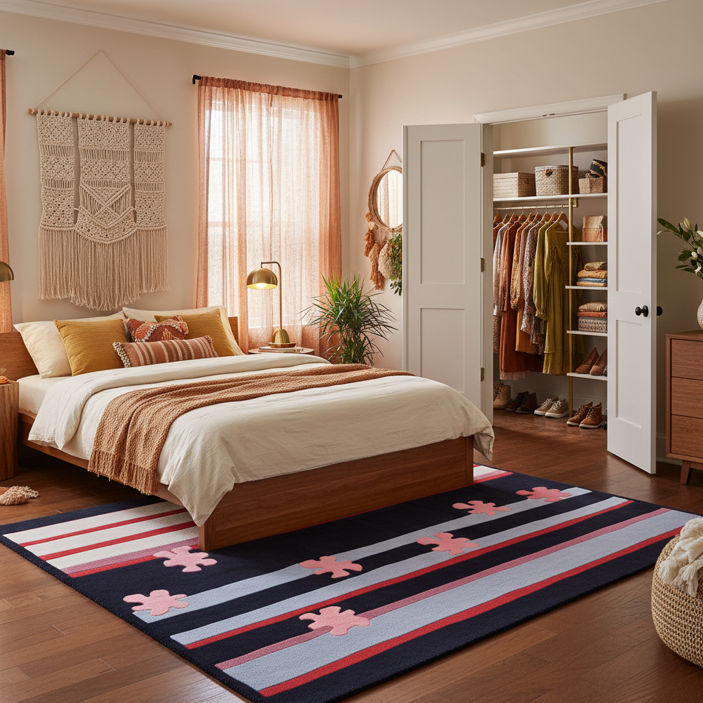Neatly arranged bedroom with a bed, rug, and open closet.