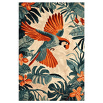 Vibrant area rug featuring a colorful parrot in flight among lush tropical palm leaves and flowers, ideal for adding a touch of nature to your living room. This hand tufted wool rug combines artistry and functionality, making it a perfect choice for area rugs in living rooms.