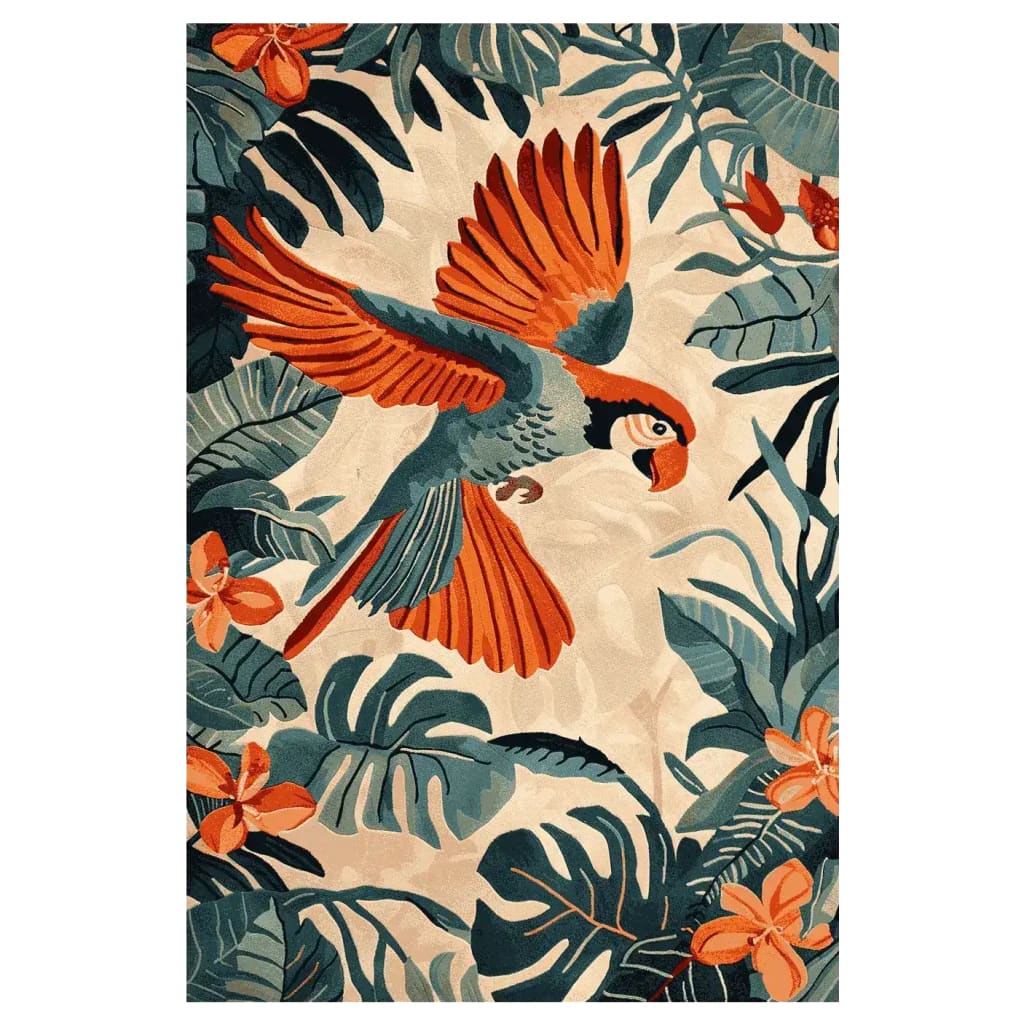 Vibrant area rug featuring a colorful parrot in flight among lush tropical palm leaves and flowers, ideal for adding a touch of nature to your living room. This hand tufted wool rug combines artistry and functionality, making it a perfect choice for area rugs in living rooms.