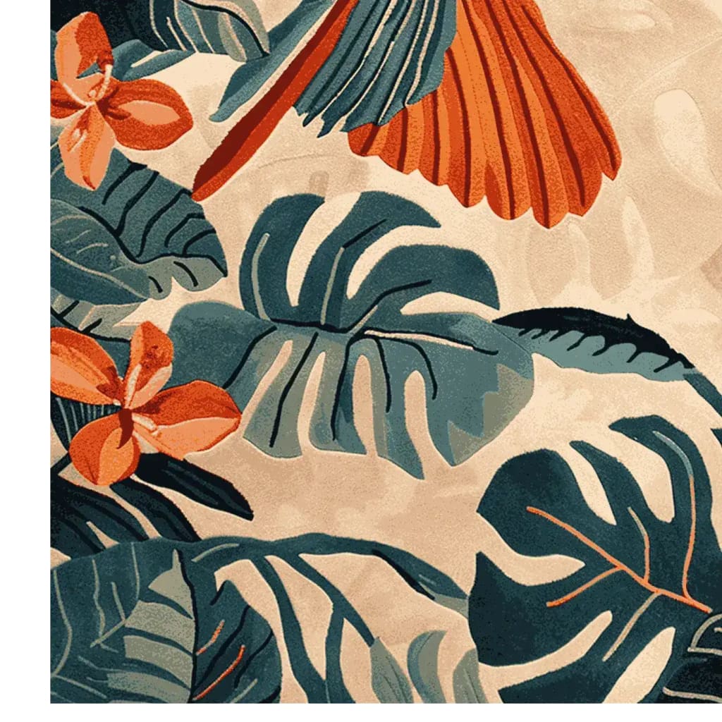 Vibrant area rug featuring a hand-tufted design of a parrot among lush palm leaves and tropical flowers. This wool rug is perfect for adding a touch of nature to your living room decor. Ideal as an area rug for living rooms, it brings color and warmth to your space.