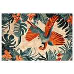 Vibrant area rug featuring a vivid parrot among lush palm leaves and tropical flowers, perfect for adding a splash of color to your living room. This hand-tufted wool rug offers a unique design ideal for those seeking stylish area rugs for living room spaces.