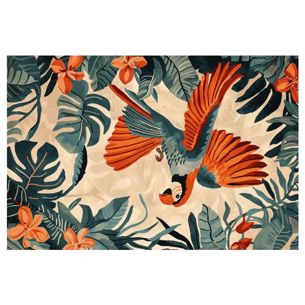 Vibrant area rug featuring a vivid parrot among lush palm leaves and tropical flowers, perfect for adding a splash of color to your living room. This hand-tufted wool rug offers a unique design ideal for those seeking stylish area rugs for living room spaces.
