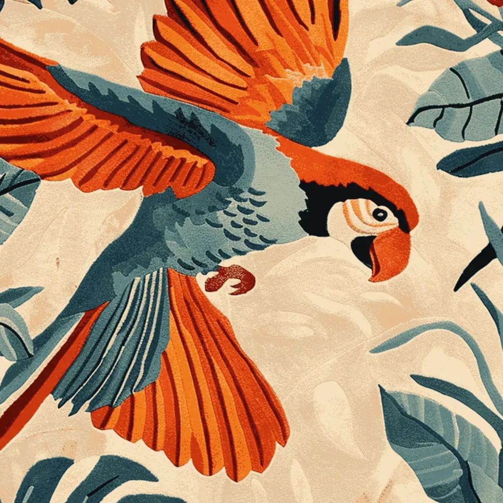 Close-up of a vibrant area rug featuring a colorful parrot among palm leaves. This wool rug is perfect for adding a tropical touch to your living room decor. Ideal for those seeking unique area rugs for living room spaces.