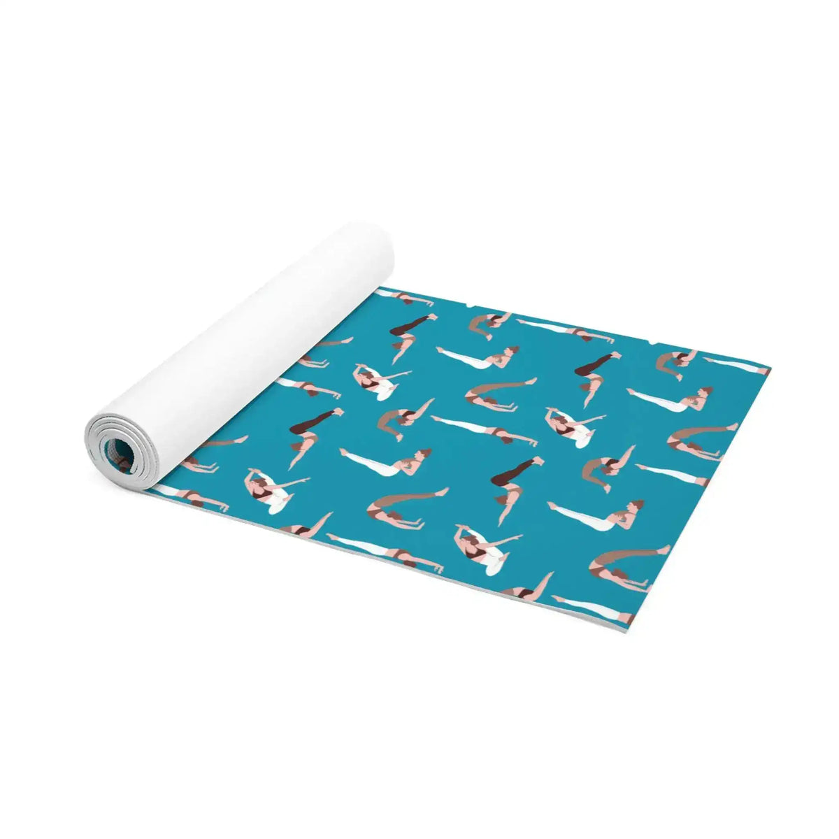 Partly rolled teal yoga mat at an angle, foam core visible at the rolled end