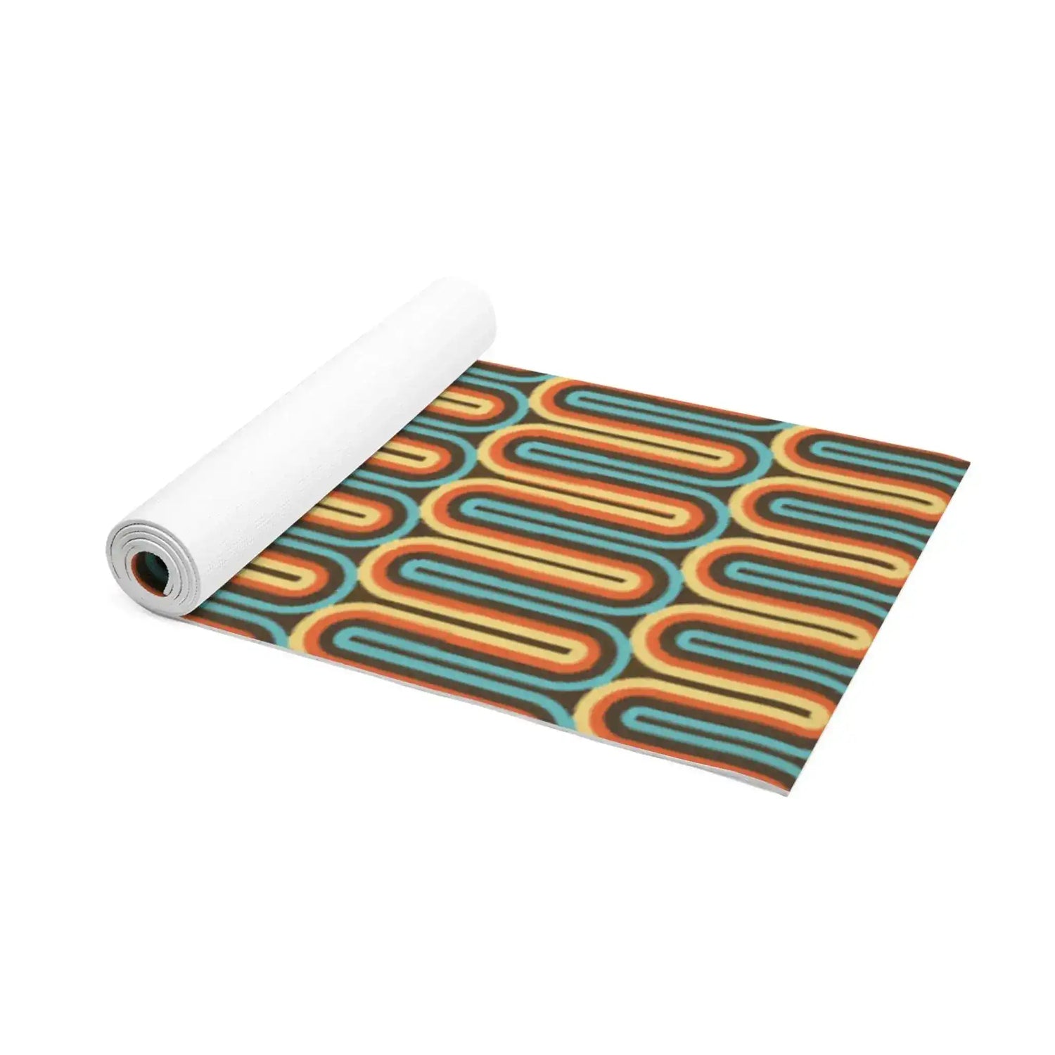 Partly rolled yoga mat with retro wavy lines in teal, orange and brown on a white backing