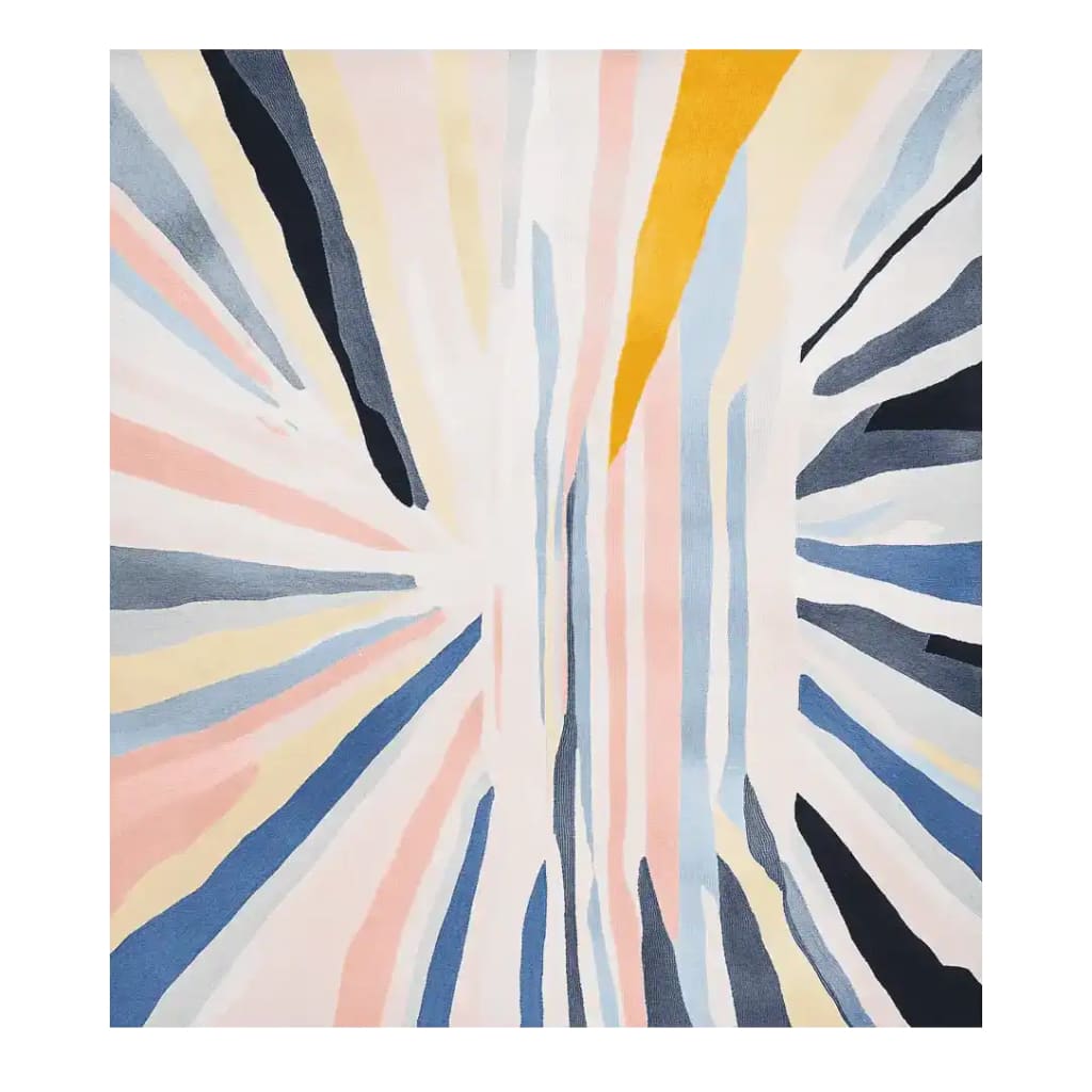 The Pastel Beam Hand Tufted Area Rug features a vibrant abstract design with bold, radiating lines in soft pastel colors, making it a stunning contemporary rug for any living room. This wool rug's large size makes it ideal for adding a touch of modern elegance to spacious interiors.