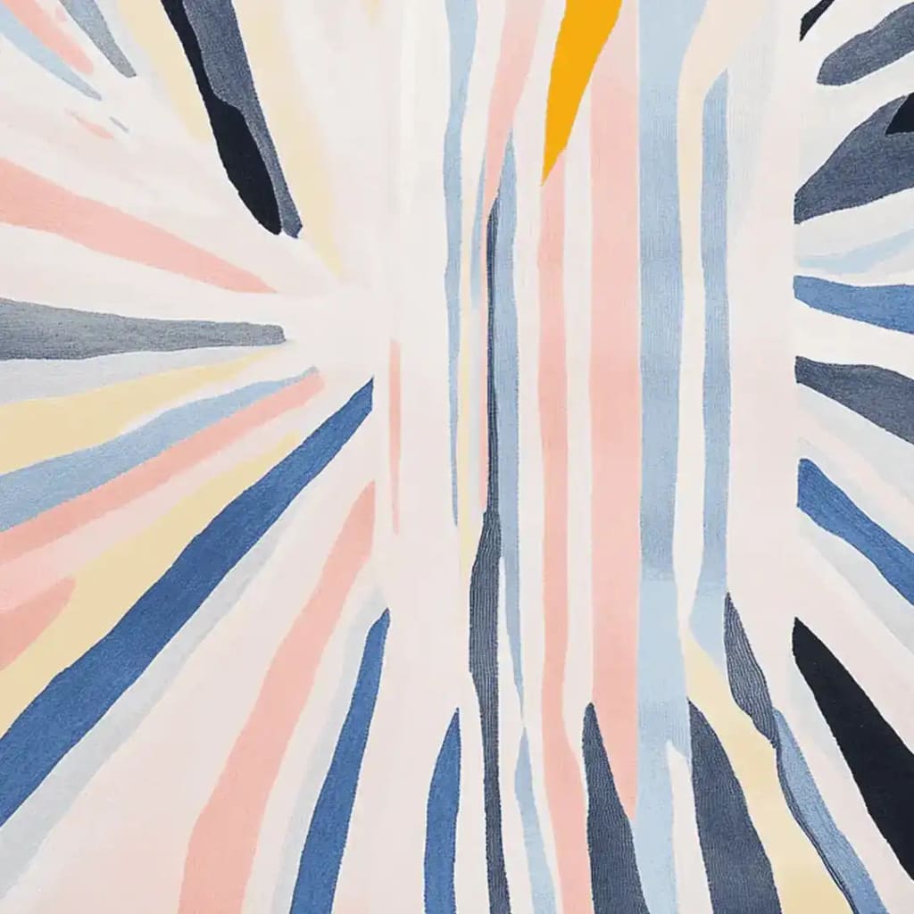 A vibrant area rug featuring an abstract design with pastel colors such as pink, blue, yellow, and cream. This contemporary wool rug is perfect for adding a pop of color to your living room. Ideal for those seeking large living room rugs with a modern and artistic flair.