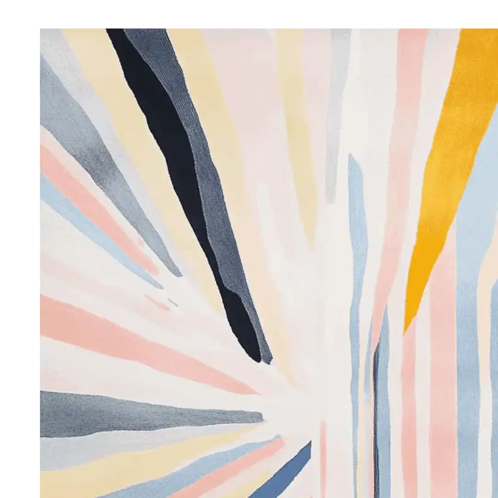 Top view of the Pastel Beam Hand Tufted Area Rug showcasing its vibrant contemporary design. This wool rug features a striking abstract pattern with bold streaks of pastel colors, perfect for adding a modern touch to living room decor. Ideal for those seeking large living room rugs that combine style and comfort.