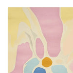 A vibrant area rug with an abstract design in pastel colors, perfect for adding a contemporary touch to any living room. This wool rug showcases a blend of pink, yellow, blue, and orange hues, ideal for those seeking stylish living room area rugs.