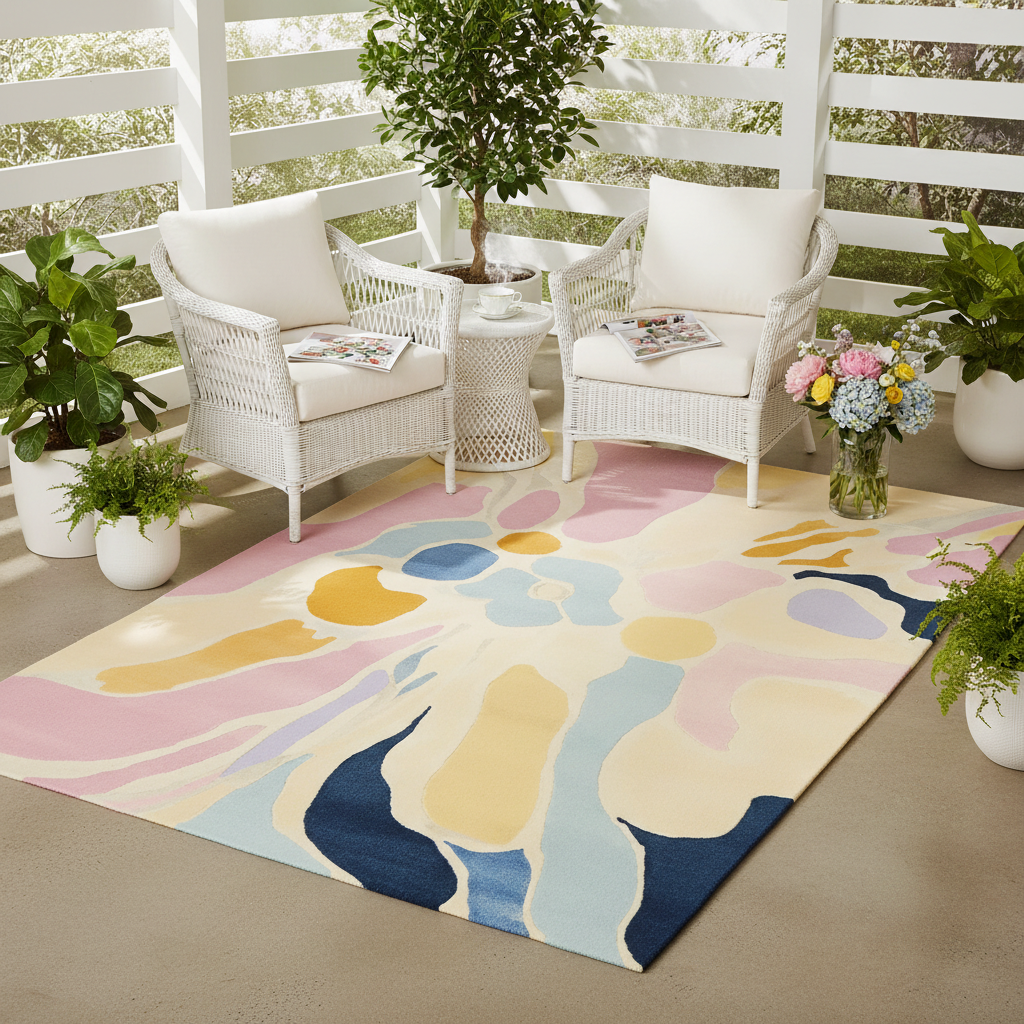 Colorful abstract rug on a patio with white chairs and plants
