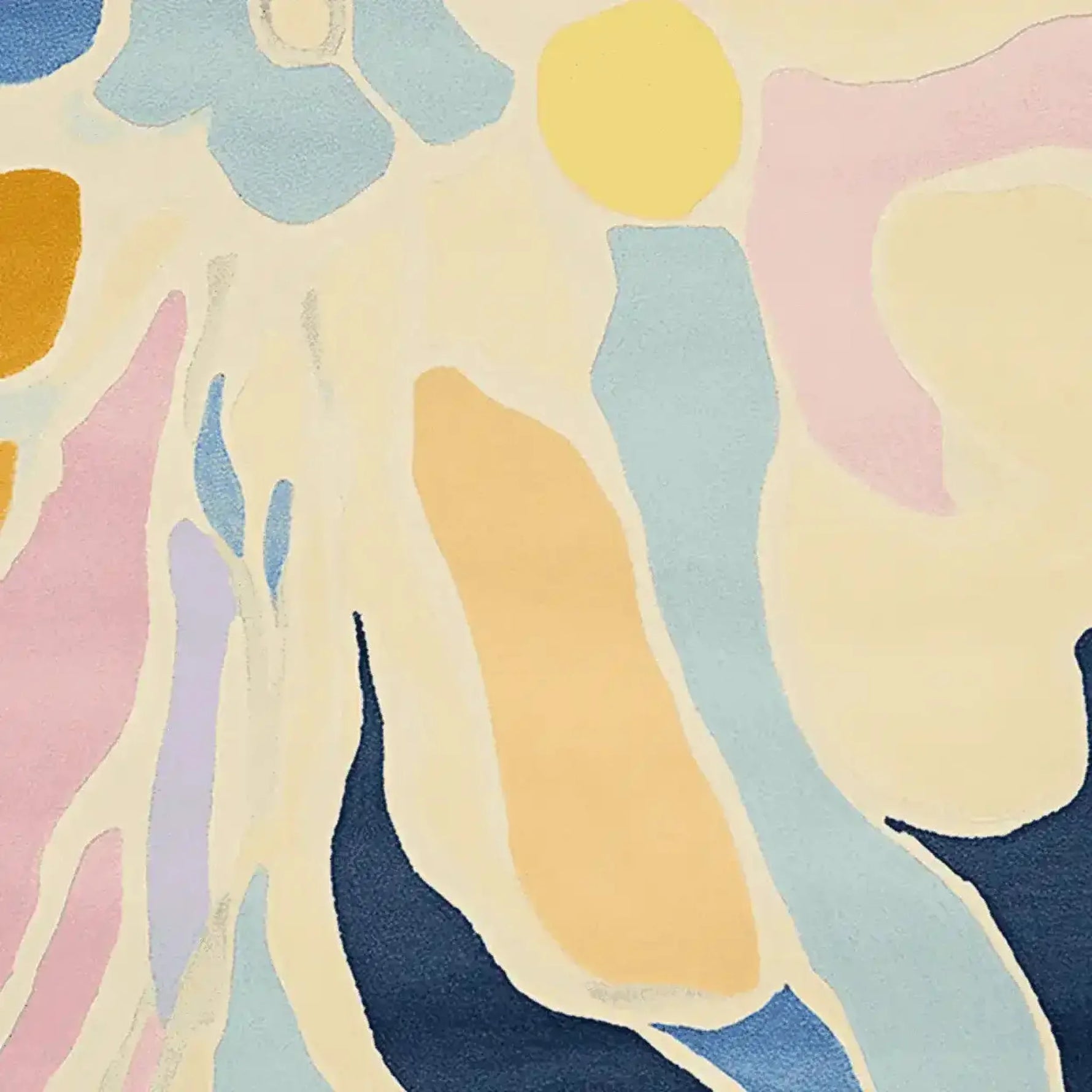 A vibrant, abstract design on a hand-tufted area rug, showcasing pastel hues of blue, pink, yellow, and orange. This contemporary wool rug is perfect for adding a splash of color to any living room, offering a modern and stylish touch.