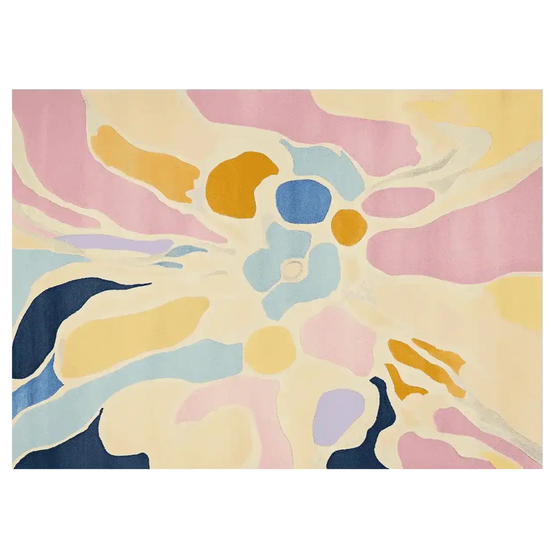 A vibrant and contemporary hand-tufted area rug with an abstract design featuring pastel colors like pink, yellow, and blue. This wool rug adds a modern touch to any living room, perfect for those seeking stylish and cozy living room area rugs.
