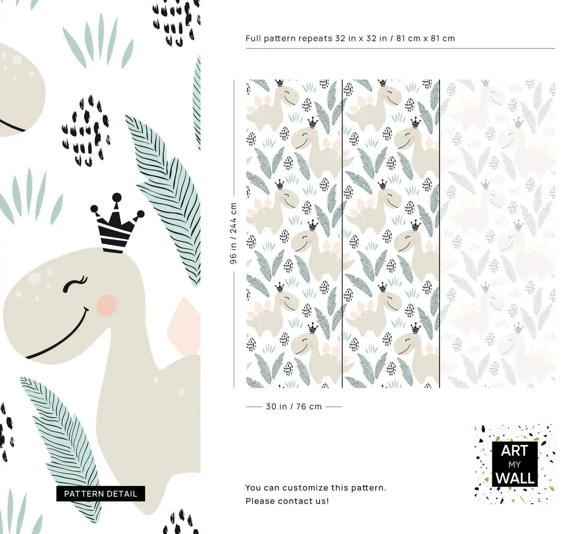 Pastel dino playground wallpaper pattern detail and repeat layout with a crowned beige dinosaur and sizing guide