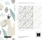 Pastel dino playground wallpaper pattern detail and repeat layout with a crowned beige dinosaur and sizing guide