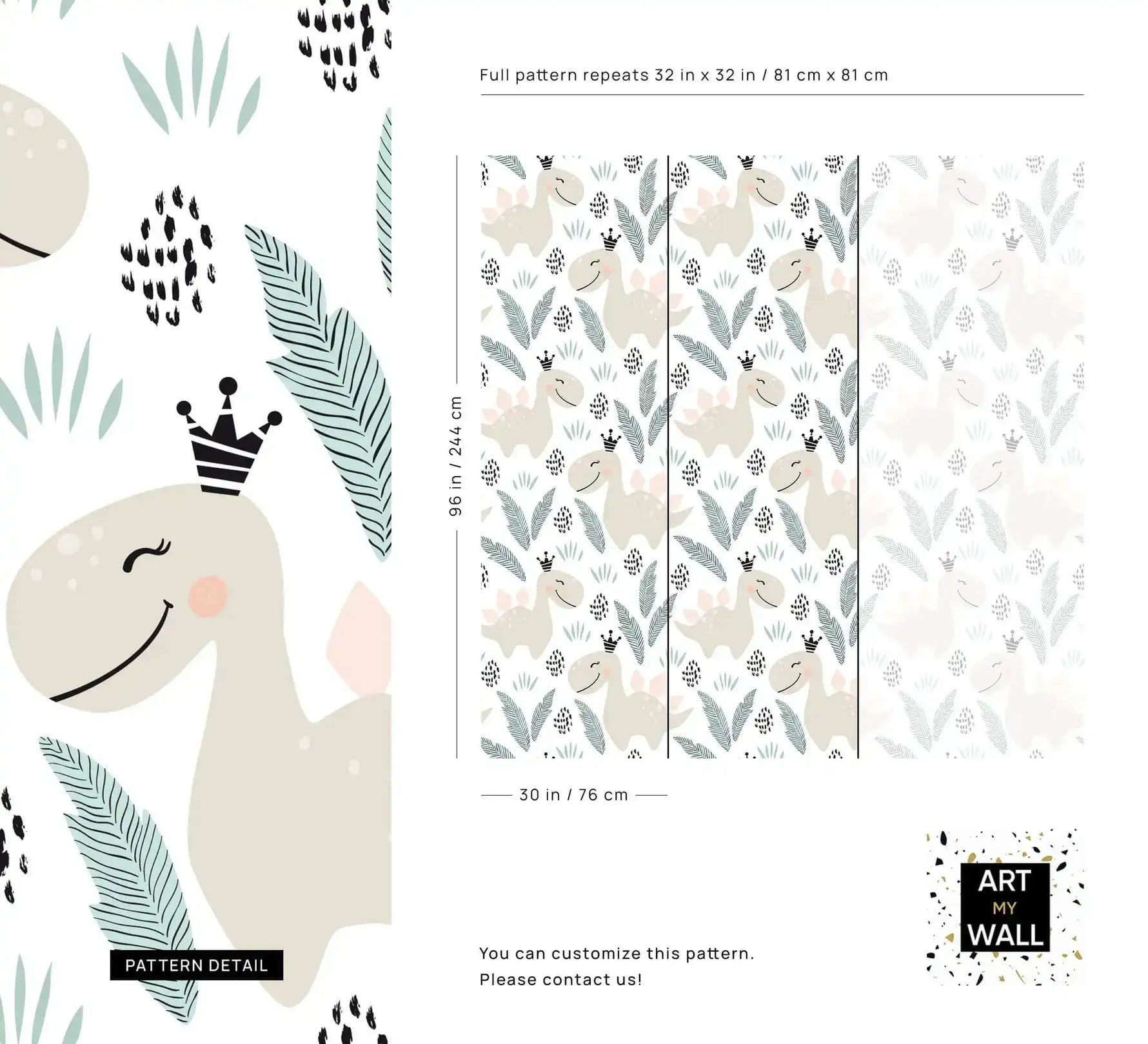 Pastel dino playground wallpaper pattern detail and repeat layout with a crowned beige dinosaur and sizing guide