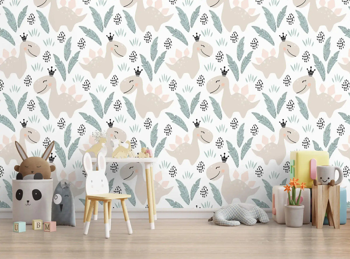 Pastel dino playground wallpaper with friendly beige dinosaurs and leaves on white in a children's playroom