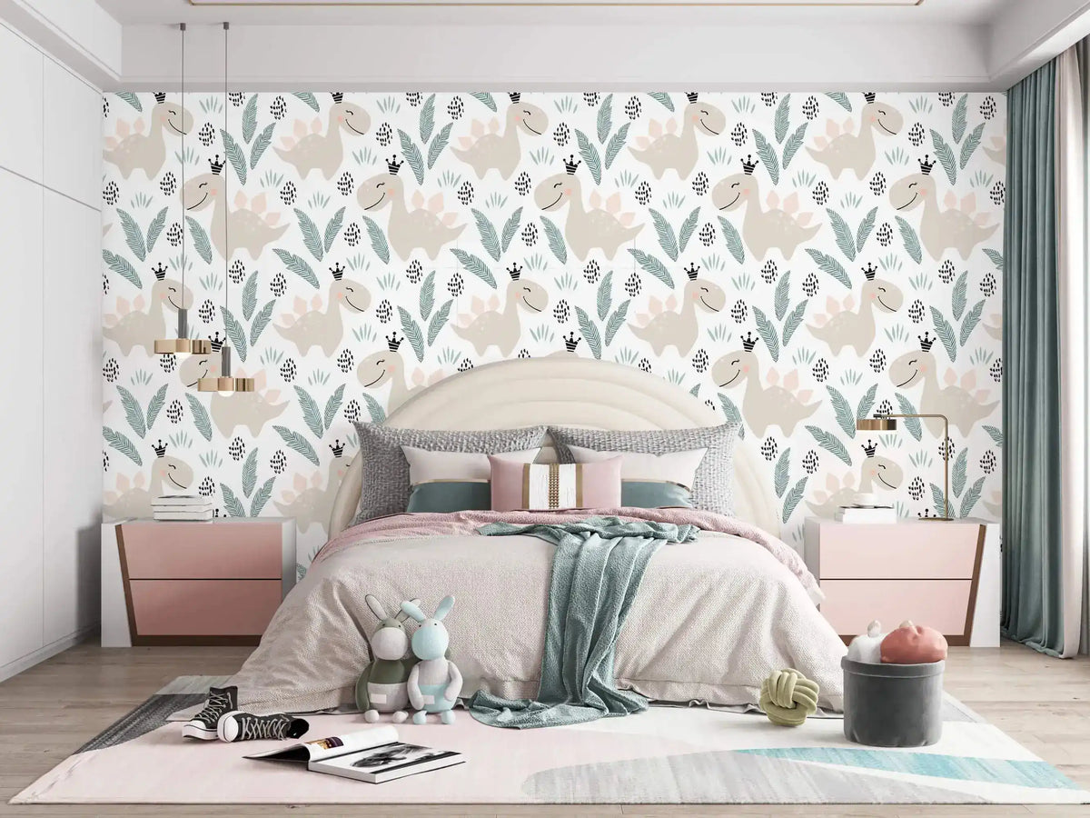 Pastel dino playground wallpaper with beige dinosaurs and green leaves on white in a soft pink child's bedroom