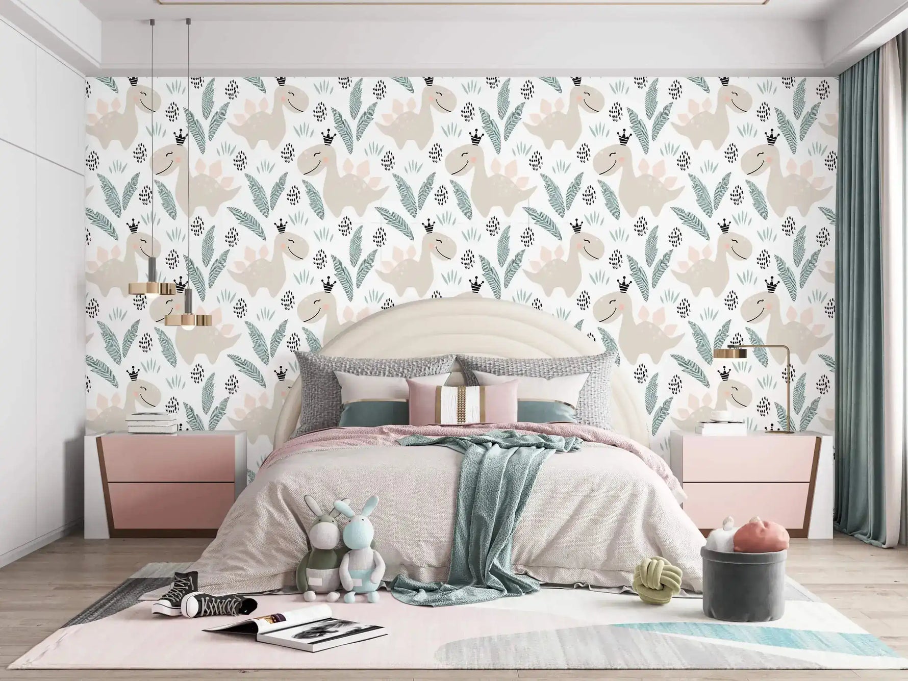 Pastel dino playground wallpaper with beige dinosaurs and green leaves on white in a soft pink child's bedroom