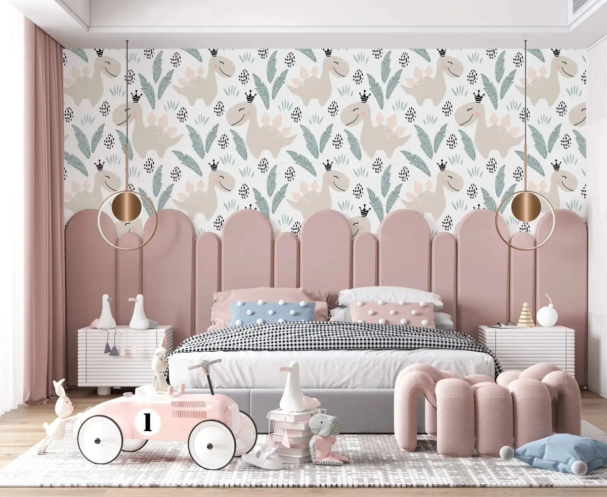 Pastel dino playground wallpaper with beige dinosaurs and leaves on white above a pink arched headboard