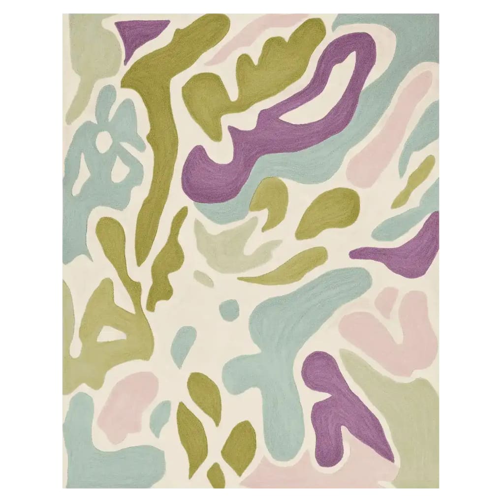 Top view of the Pastel Dream Hand Tufted Rug, featuring an abstract design with soft pastel colors. This contemporary area rug, made from wool, adds a touch of elegance to living room spaces. Perfect as an area rug for the living room, it showcases a blend of green, purple, blue, and pink hues for a modern aesthetic.