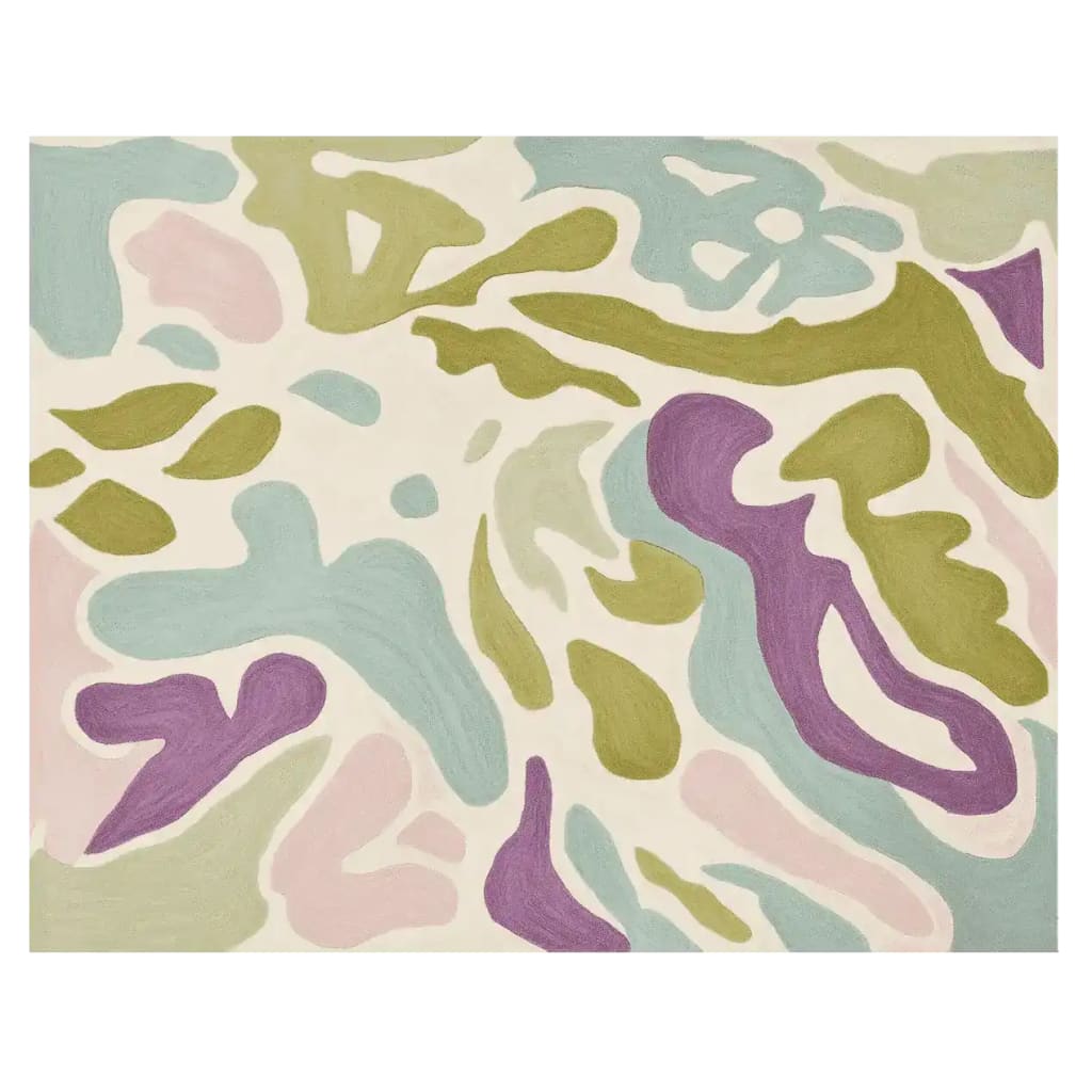 Top view of a Pastel Dream Hand Tufted Area Rug showcasing an abstract pattern with soft hues of green, purple, and blue. This contemporary wool rug is perfect for adding a splash of color and style to any living room. Ideal for those seeking area rugs for living rooms with a modern touch.