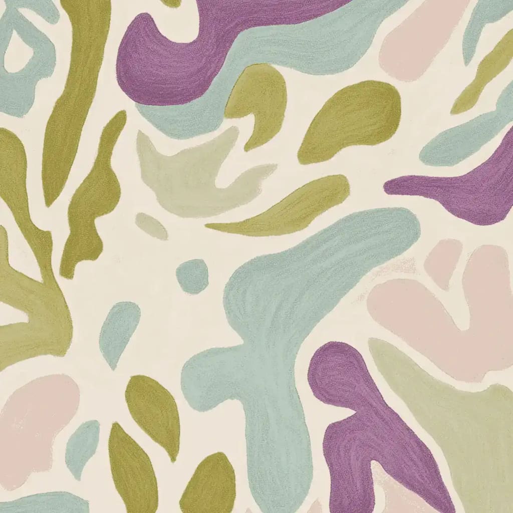 A vibrant pastel dream hand tufted area rug featuring an abstract design with flowing shapes in purple, green, and blue. This contemporary wool rug is perfect for adding a stylish touch to living room area rugs collections, enhancing the decor as a standout piece.