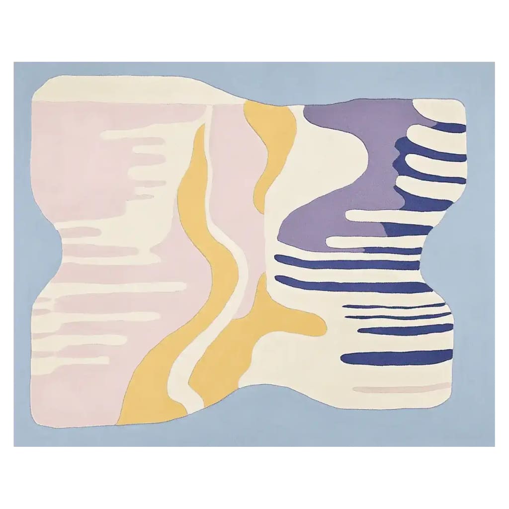A stunning hand-tufted area rug with a contemporary design, featuring pastel colors in a drip landscape pattern. The wool rug showcases soft pinks, yellows, and purples, making it an ideal choice for modern living room area rugs.