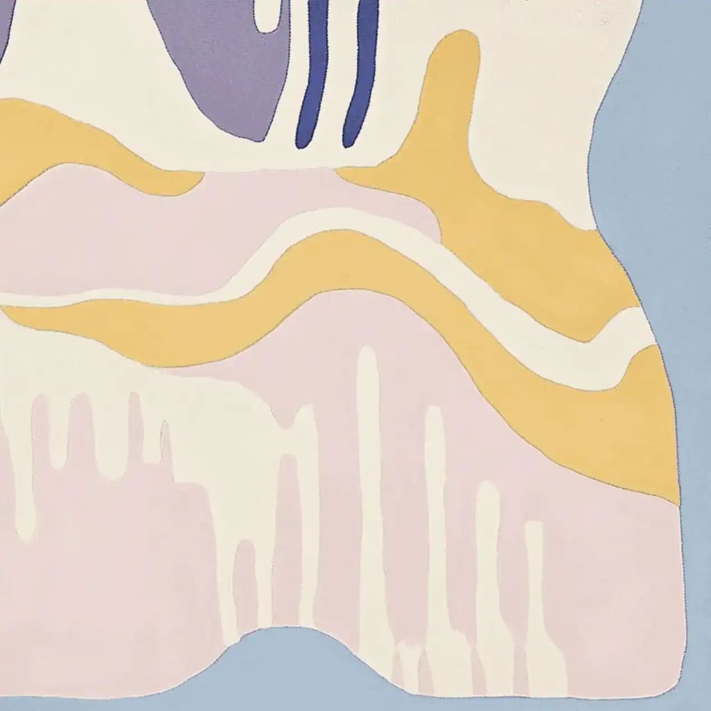 A contemporary hand tufted area rug featuring a pastel drip landscape design with flowing abstract patterns in soft hues of lavender, mustard, and cream. This wool rug is perfect for adding a touch of modern elegance to living room area rugs.