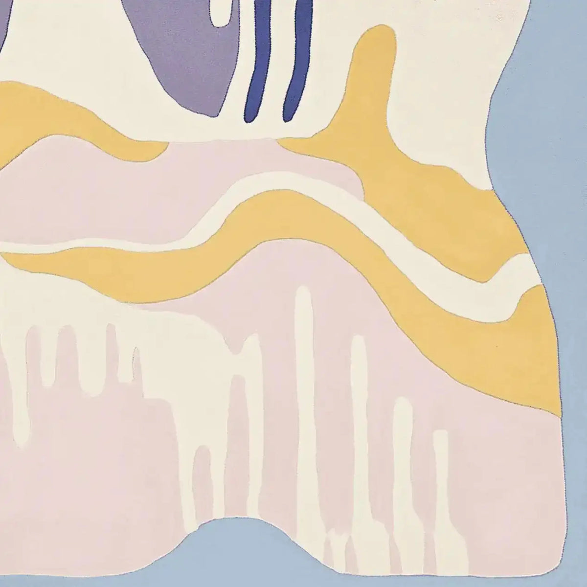 A contemporary hand tufted area rug featuring a pastel drip landscape design with flowing abstract patterns in soft hues of lavender, mustard, and cream. This wool rug is perfect for adding a touch of modern elegance to living room area rugs.