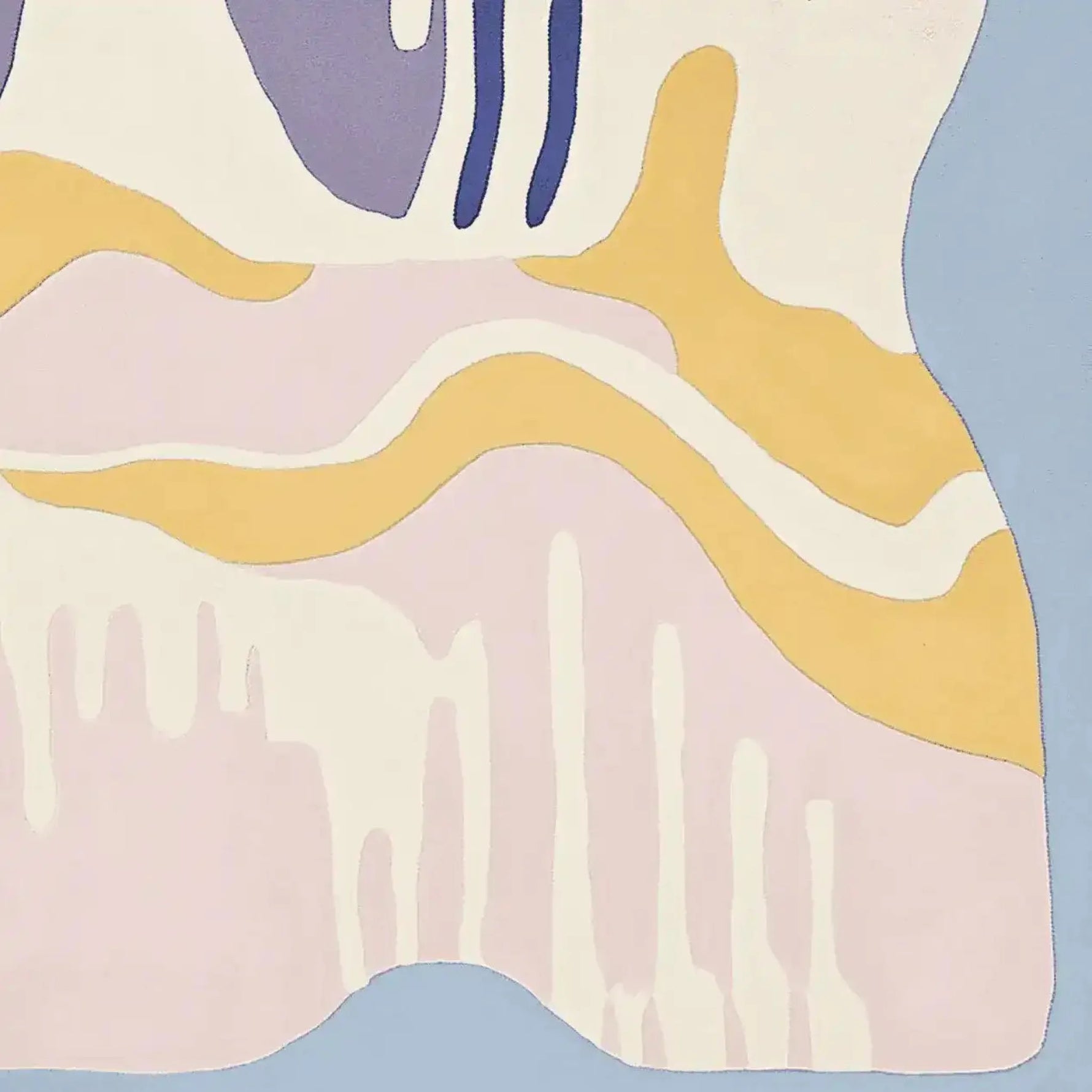 A contemporary hand tufted area rug featuring a pastel drip landscape design with flowing abstract patterns in soft hues of lavender, mustard, and cream. This wool rug is perfect for adding a touch of modern elegance to living room area rugs.