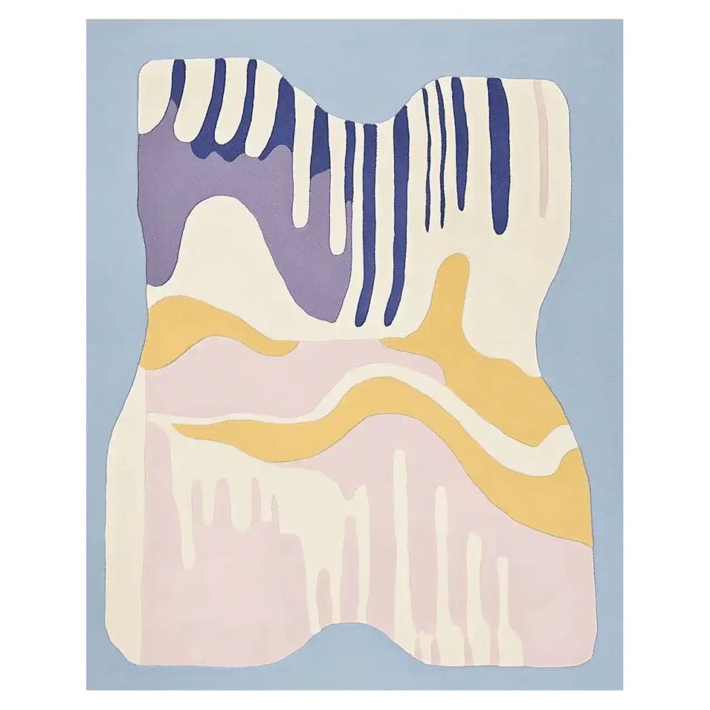 A contemporary wool area rug featuring a pastel drip landscape design, perfect for enhancing living room decor. The rug showcases a harmonious blend of soft blues, purples, yellows, and pinks, resembling an abstract painting. This hand-tufted piece adds a modern touch to any space, making it a standout living room area rug.