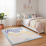 Bedroom with a colorful abstract rug on the floor, bed with pink bedding, and side table with lamp.