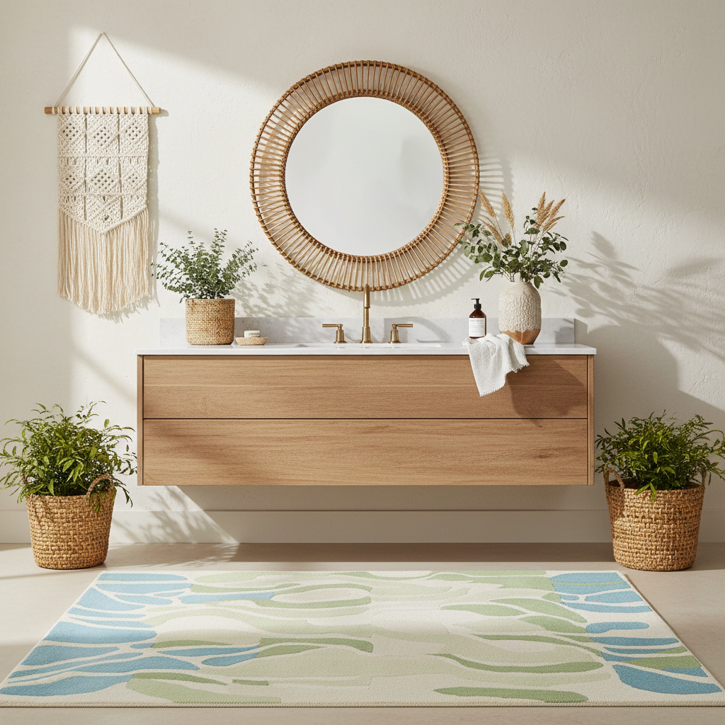 Bathroom with wooden vanity, round mirror, a contemporary hand-tufted wool rug, and decorative elements.
