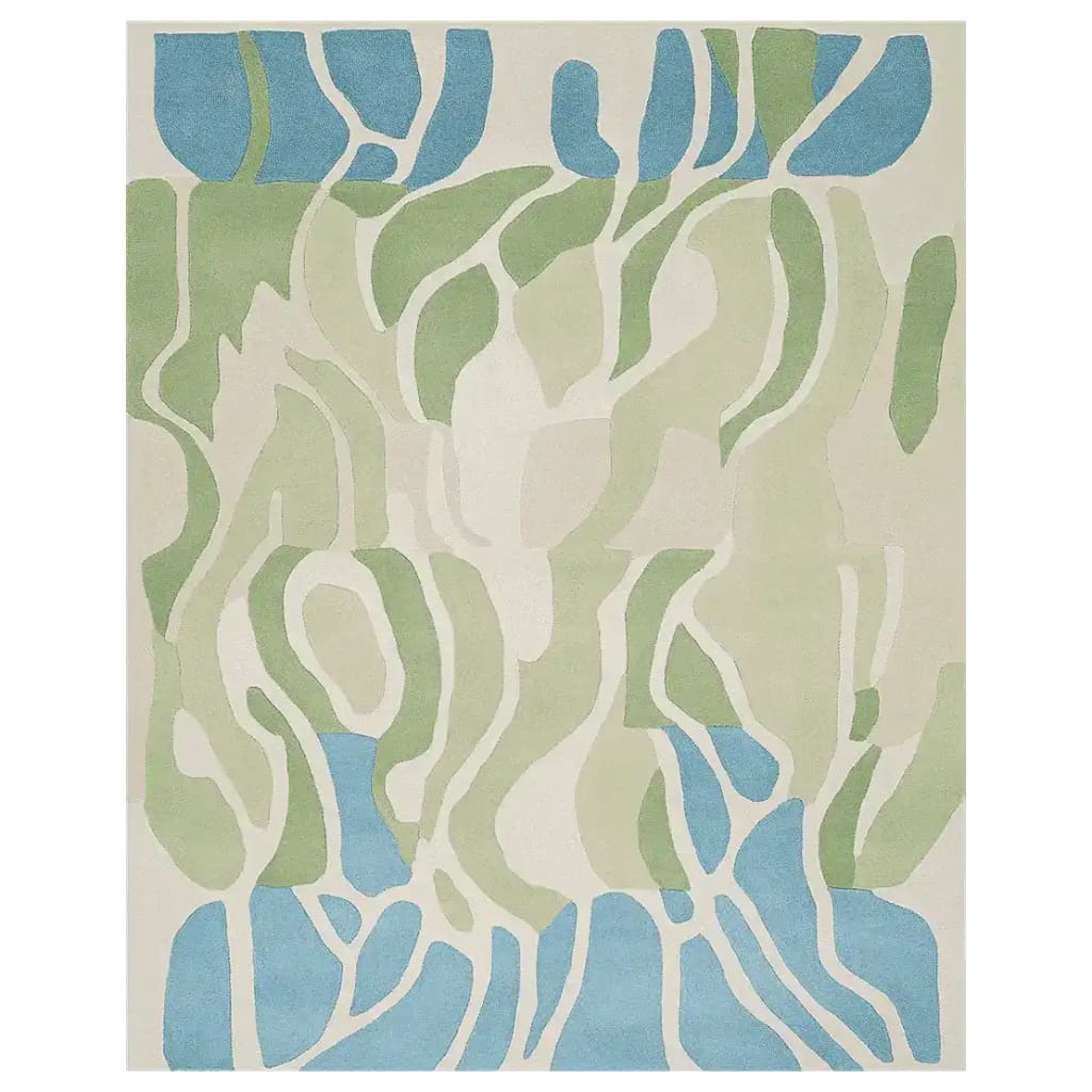 This image showcases the Pastel Field Lines Hand Tufted Rug, an elegant area rug perfect for living rooms. The contemporary rug features a striking abstract design with flowing green and blue lines on a neutral backdrop, ideal for adding a touch of sophistication to your space. Made from high-quality wool, this 8x10 rug enhances your decor with a modern flair.