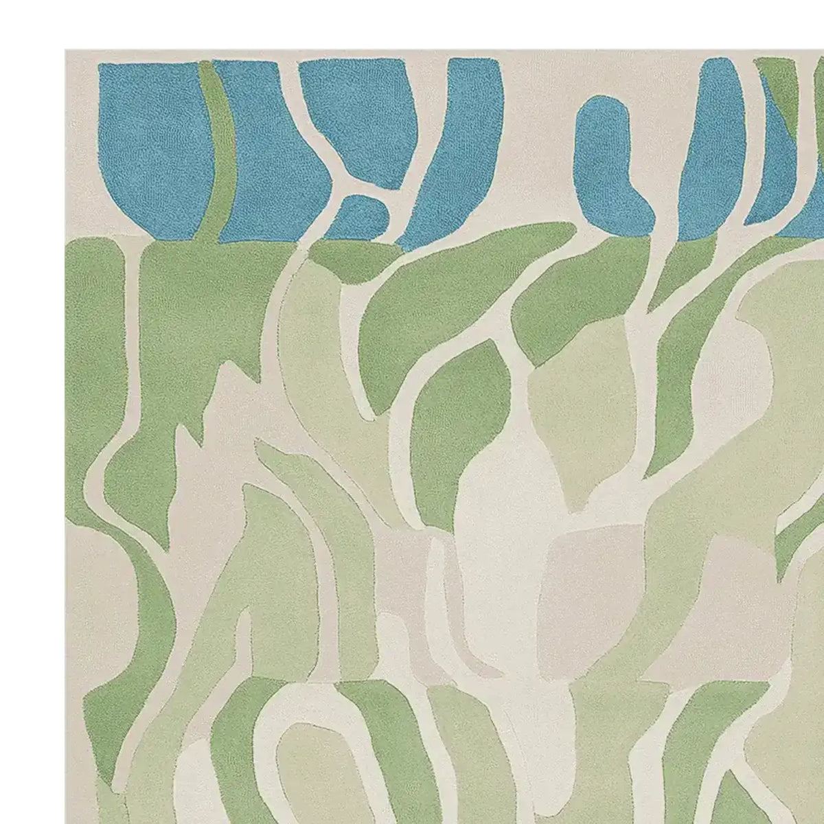 A close-up view of a contemporary hand-tufted area rug featuring abstract pastel field lines in shades of green and blue. Perfect for adding a modern touch to living room area rugs, this wool rug offers an artistic design suitable for 8x10 living room spaces.