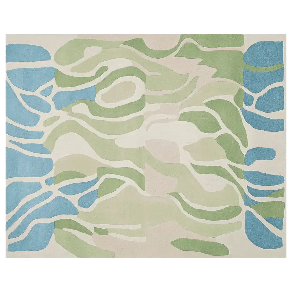 A contemporary hand-tufted area rug with abstract pastel field lines in shades of blue, green, and beige, perfect for modern living room decor. This wool rug offers a stylish touch to living room area rugs, ideal for an 8x10 space.