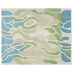 A contemporary hand-tufted area rug with abstract pastel field lines in shades of blue, green, and beige, perfect for modern living room decor. This wool rug offers a stylish touch to living room area rugs, ideal for an 8x10 space.