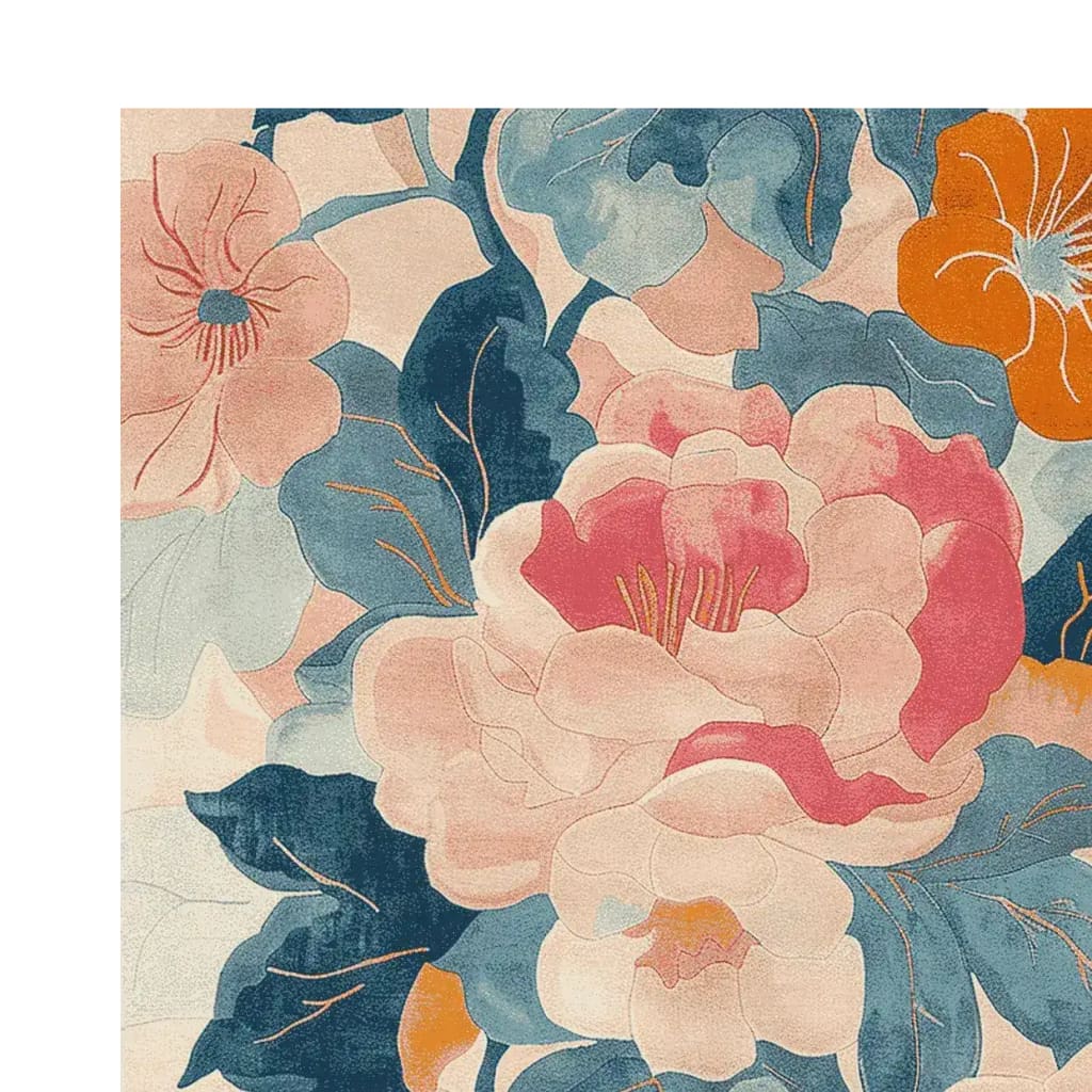 A vibrant hand-tufted area rug featuring a beautiful pastel floral design. This contemporary wool rug showcases large, abstract flowers in shades of pink, blue, and orange, perfect for adding a touch of elegance to living room spaces. Ideal for anyone seeking stylish area rugs for living rooms.