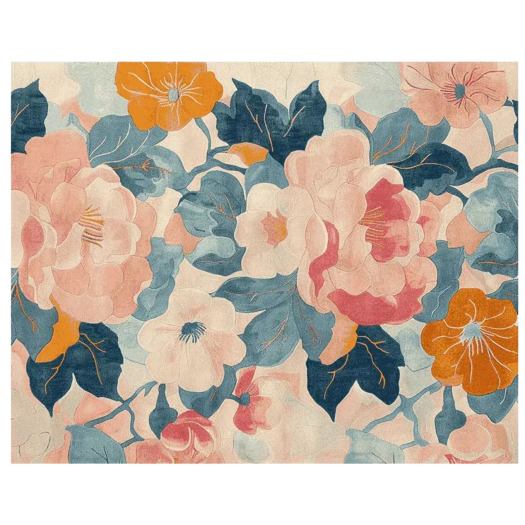 A vibrant hand-tufted area rug featuring a pastel floral design, perfect for contemporary living room decor. This wool rug showcases a blend of pink, orange, and blue flowers, ideal for adding a touch of elegance to any living room area.