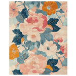 Pastel Floral Reverie hand-tufted area rug featuring a vibrant array of large, blooming flowers in shades of pink, blue, and orange. This contemporary wool rug adds a touch of elegance to living room decor, perfect for those seeking stylish area rugs for their living space.