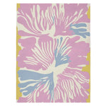 A vibrant pastel flower burst hand tufted area rug, showcasing a contemporary design with bold pink and blue floral patterns on a soft cream background. This wool rug is perfect for adding a splash of color to living room spaces, making it an ideal choice for those seeking stylish and modern living room area rugs.