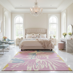 girl bed room with pink floral soft rug
