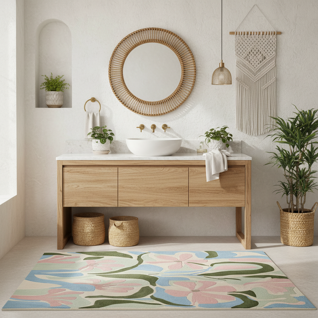Bathroom with wooden vanity, round mirror, and decorative rug