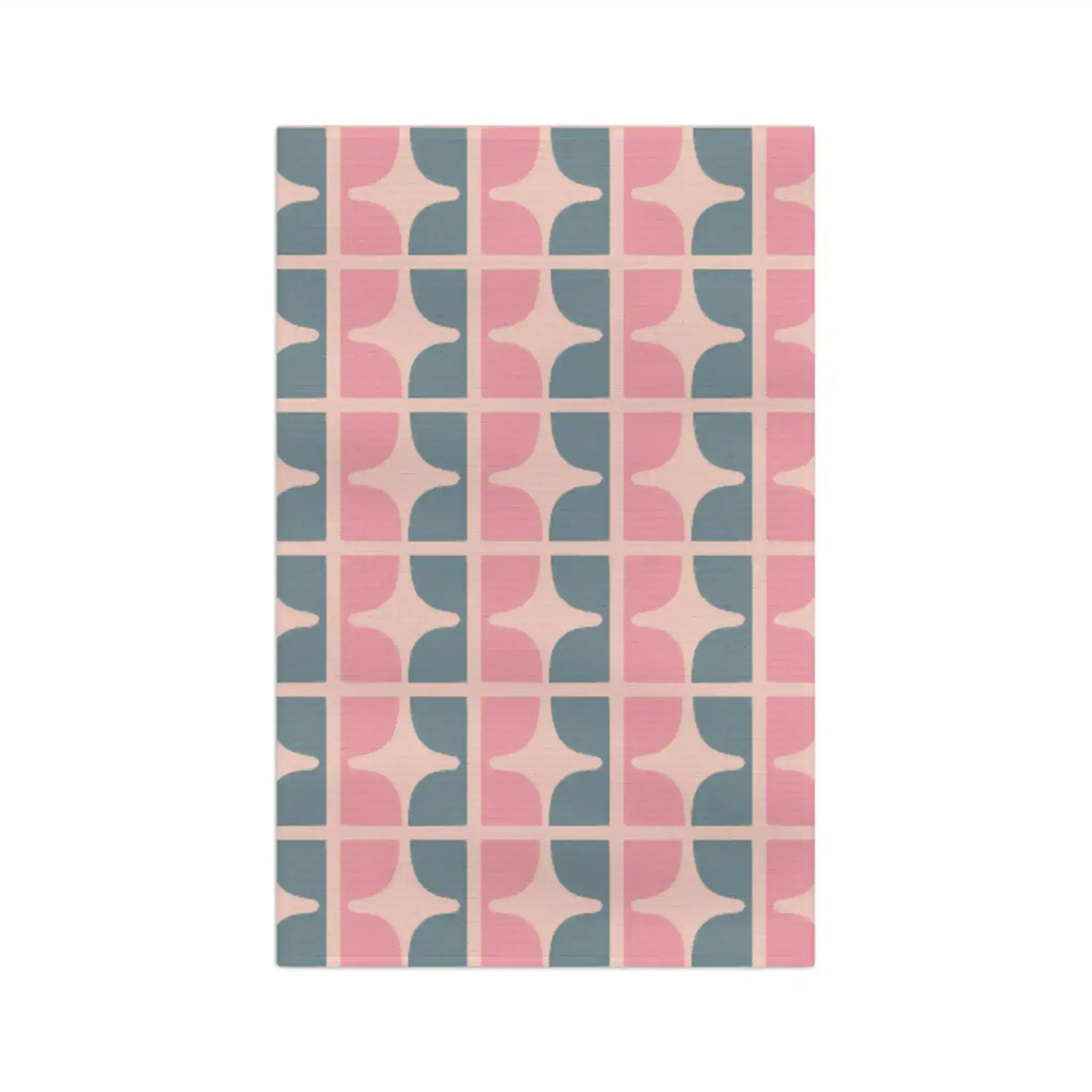 Pastel Garden kitchen towel, retro geometric pattern of dusty pink and slate blue curved tiles