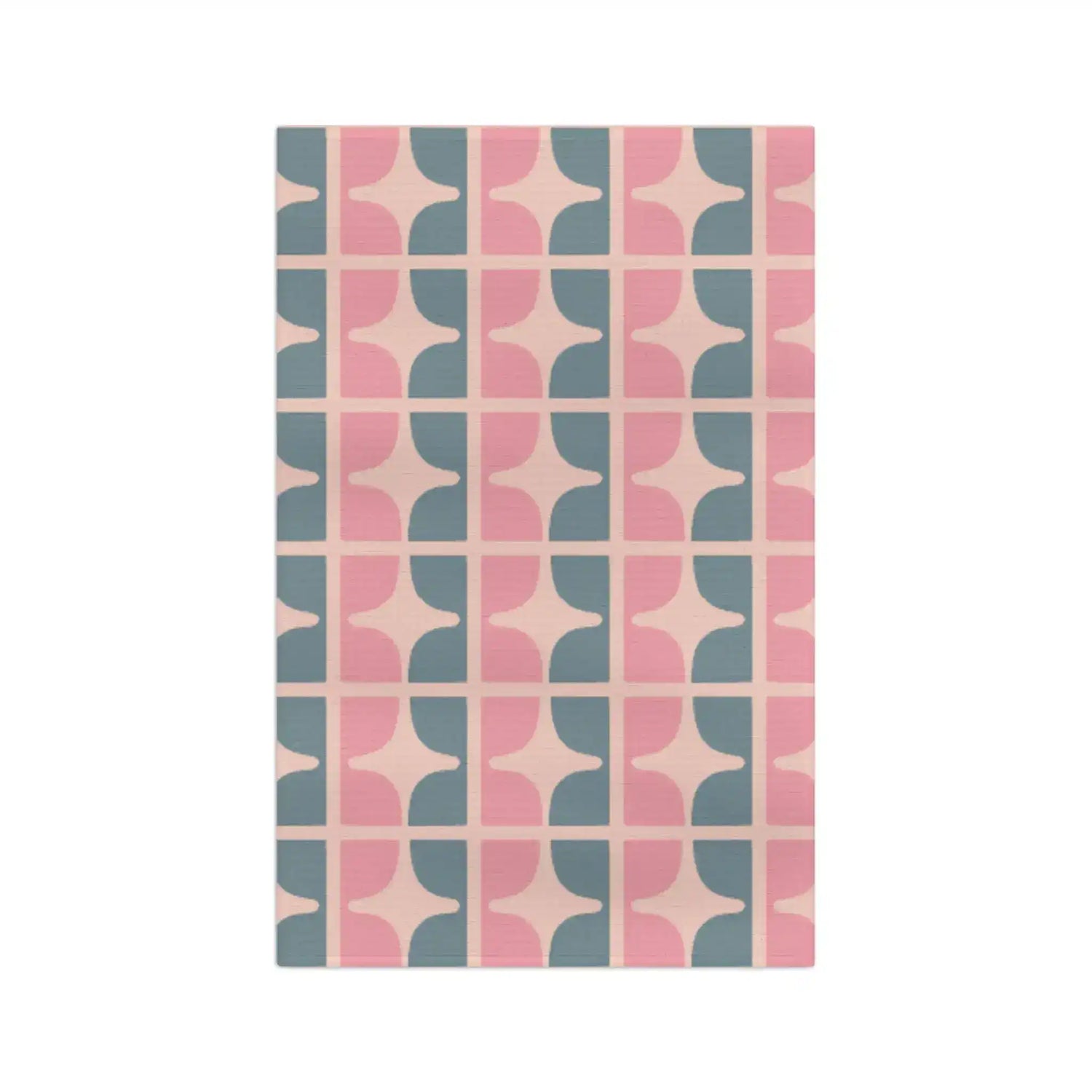 Pastel Garden kitchen towel, retro geometric pattern of dusty pink and slate blue curved tiles