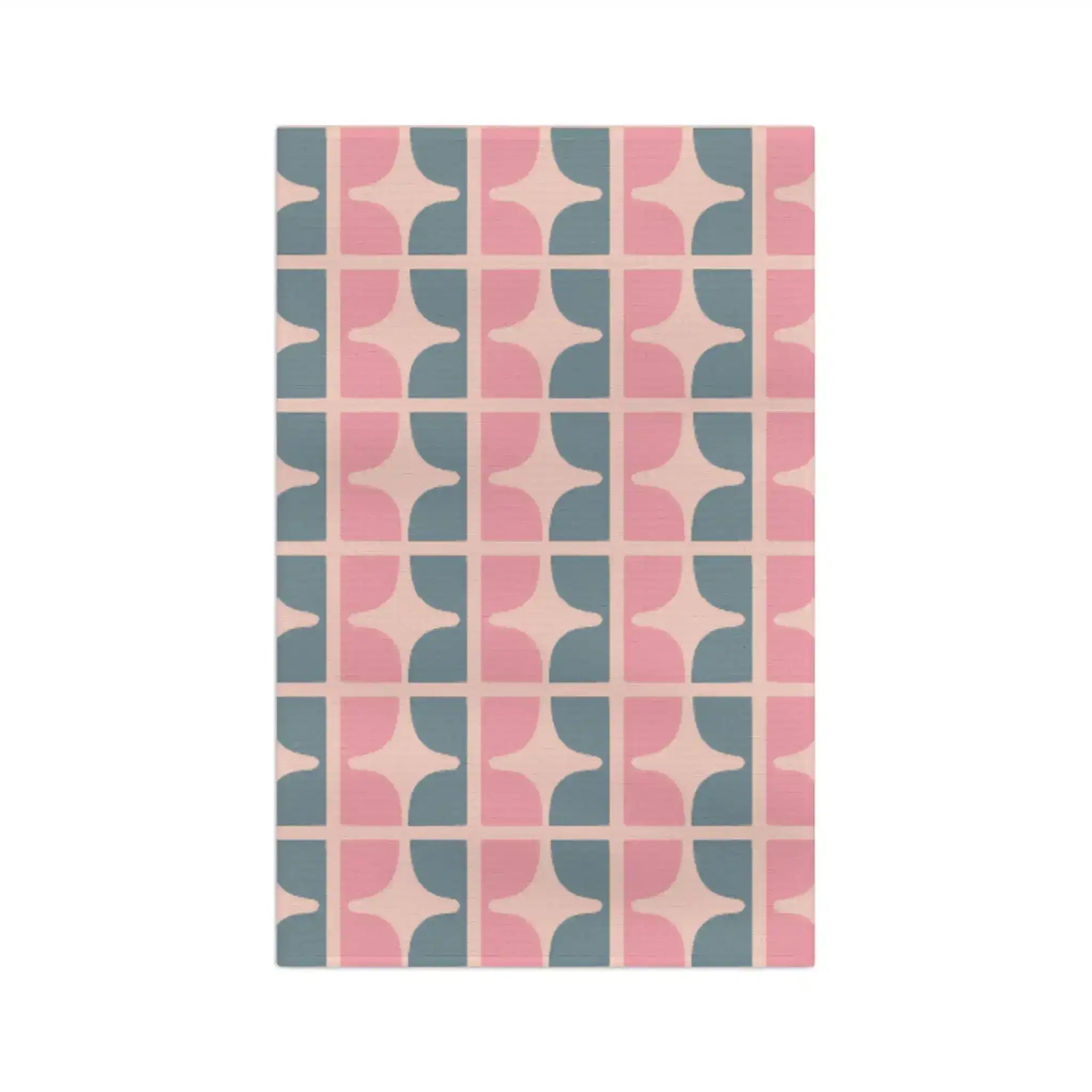 Pastel Garden kitchen towel, retro geometric pattern of dusty pink and slate blue curved tiles
