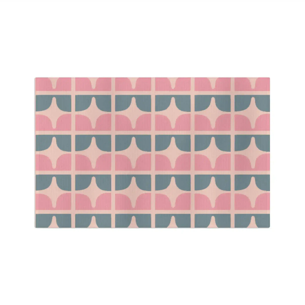 Pastel garden kitchen towel, retro geometric scallops in pink, slate blue and cream