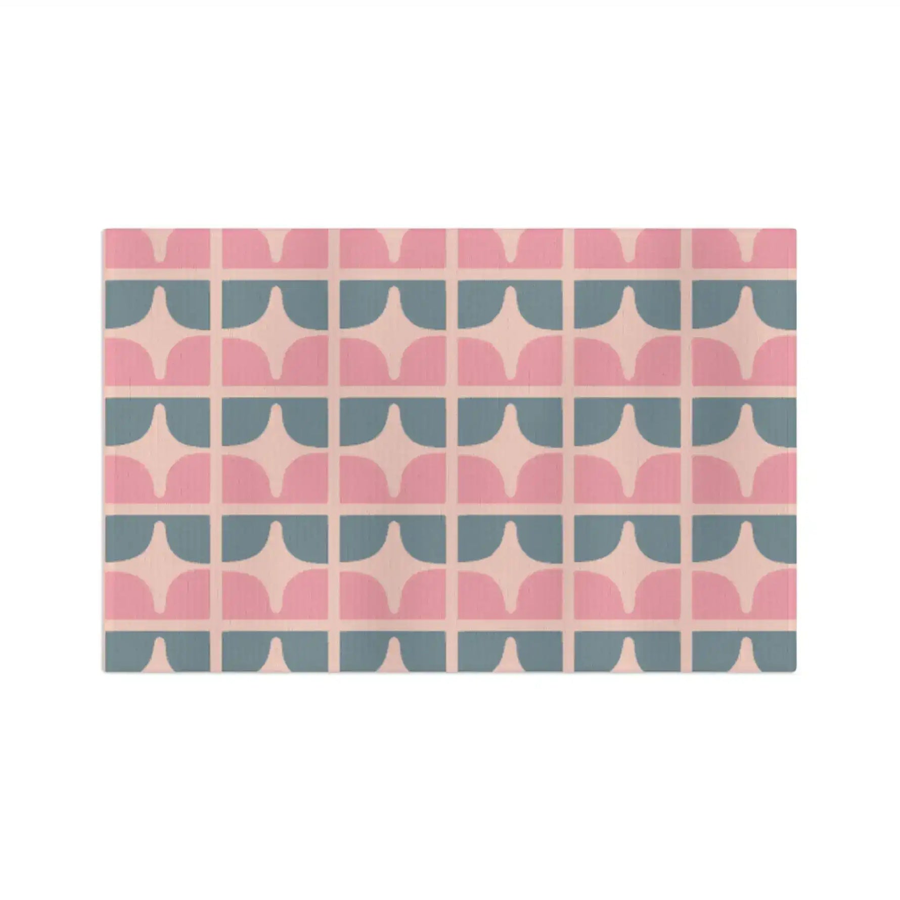 Pastel garden kitchen towel, retro geometric scallops in pink, slate blue and cream