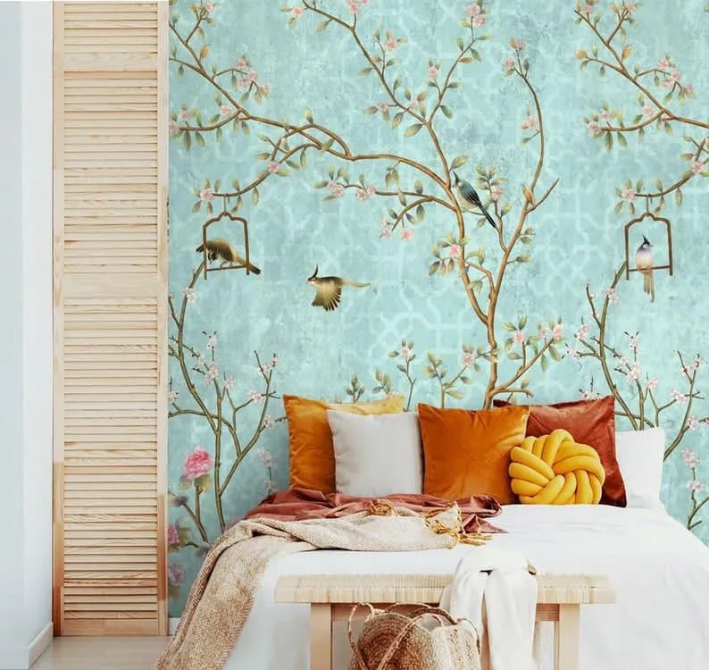 Pastel Green Birds and Tree Traditional Chinoiserie Wallpaper Mural