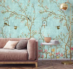 Pastel Green Birds and Tree Traditional Chinoiserie Wallpaper Mural